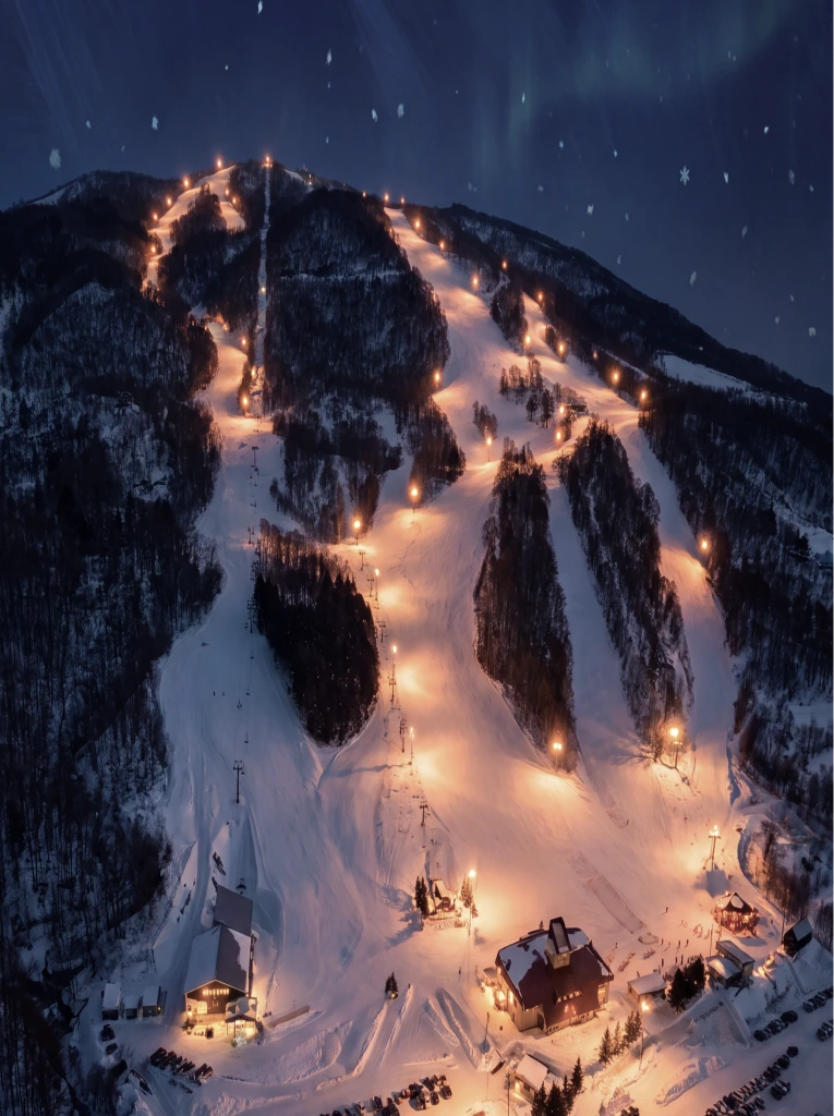Kamui Ski Links illuminated ski slopes at night.
