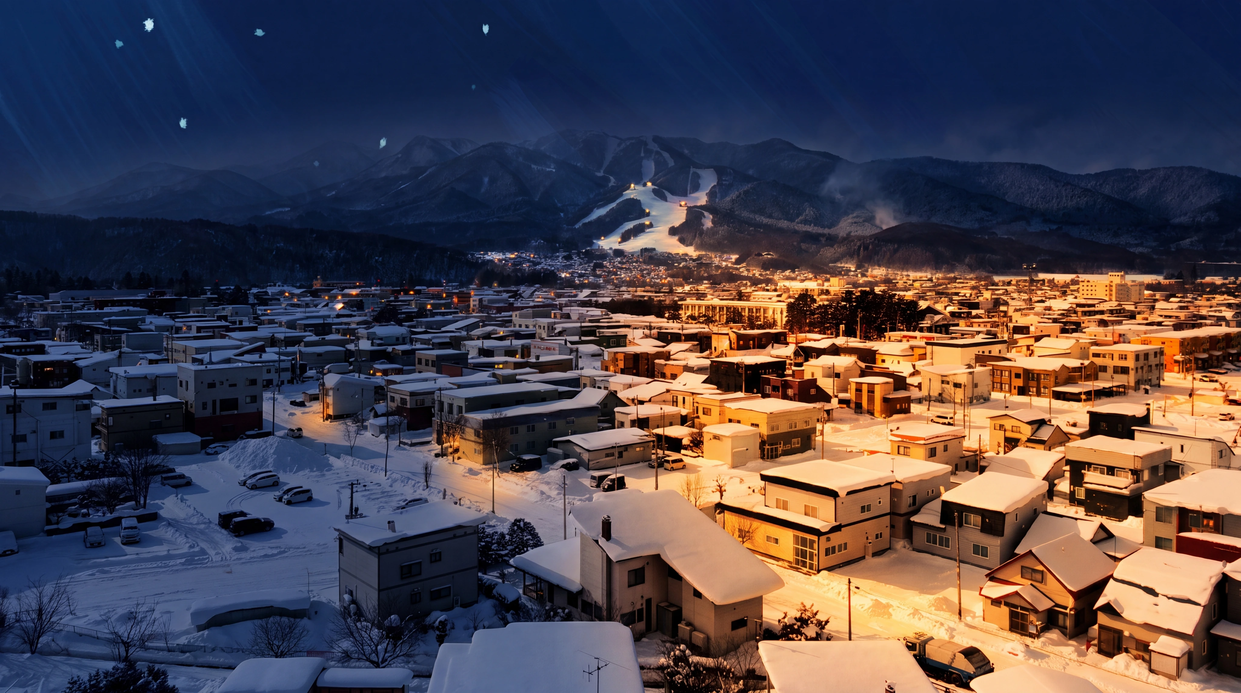 Furano illuminated alpine town at night.