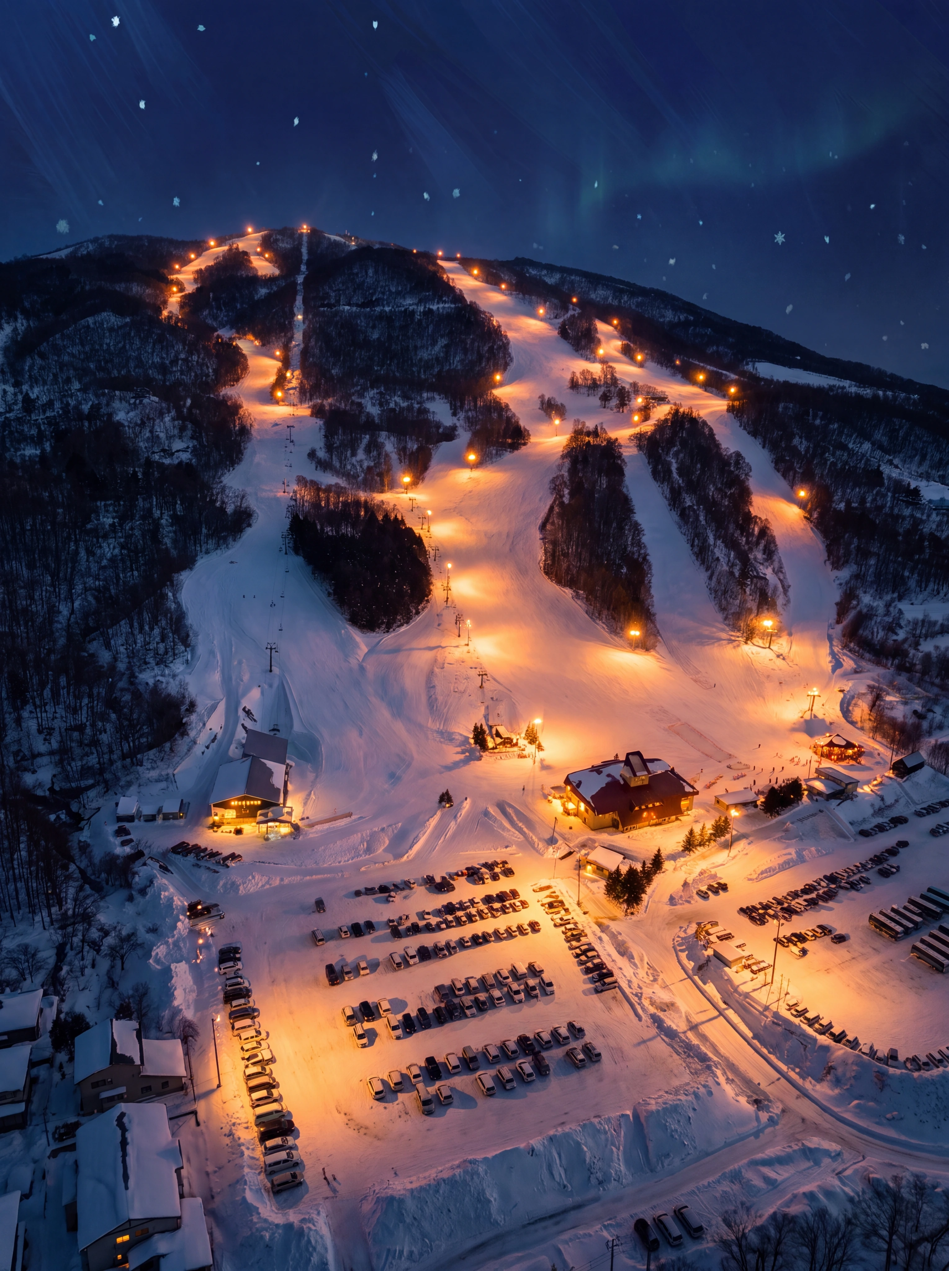 Kamui Ski Links illuminated ski slopes at night.